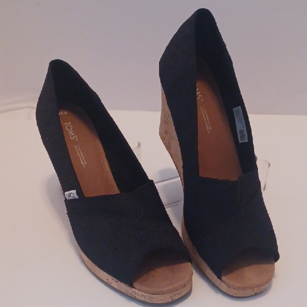 TOMS Black Peep-Toe Wedges Size 9.5